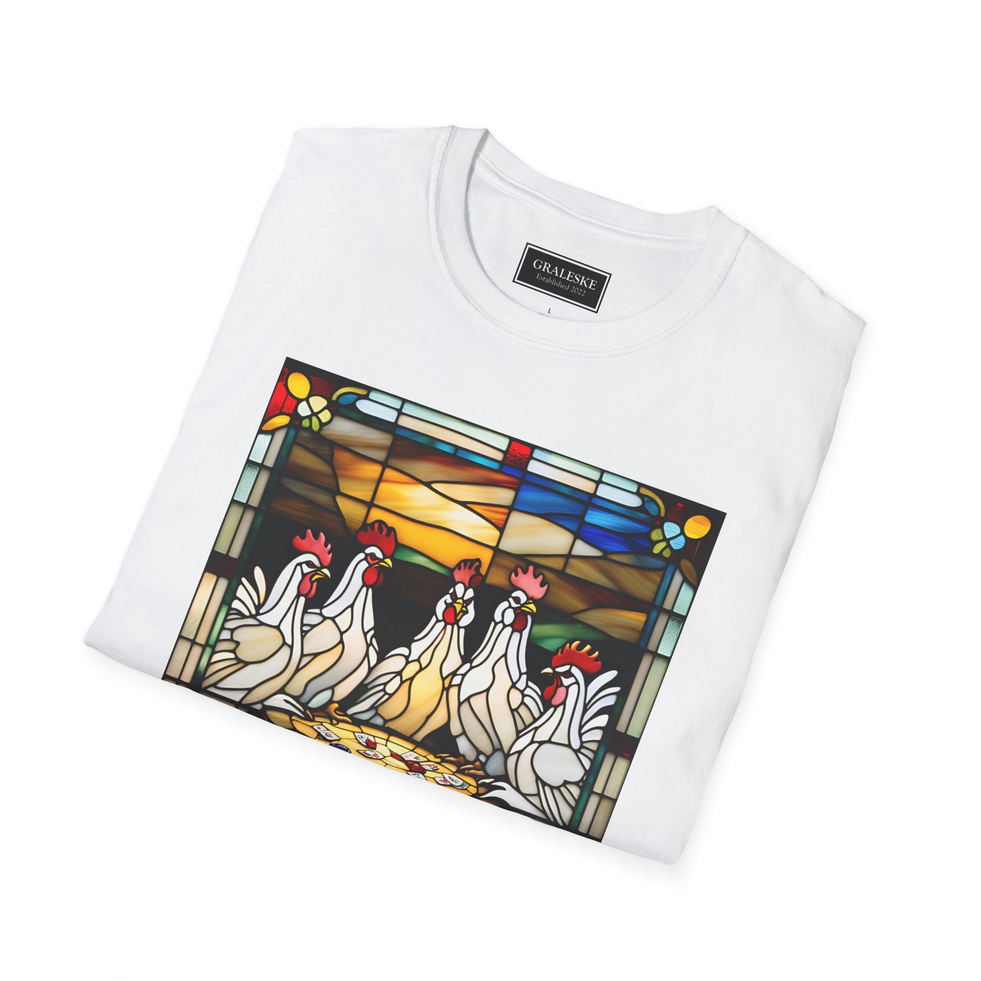 chickens playing cards stained glass - Unisex T-Shirt - Graleske