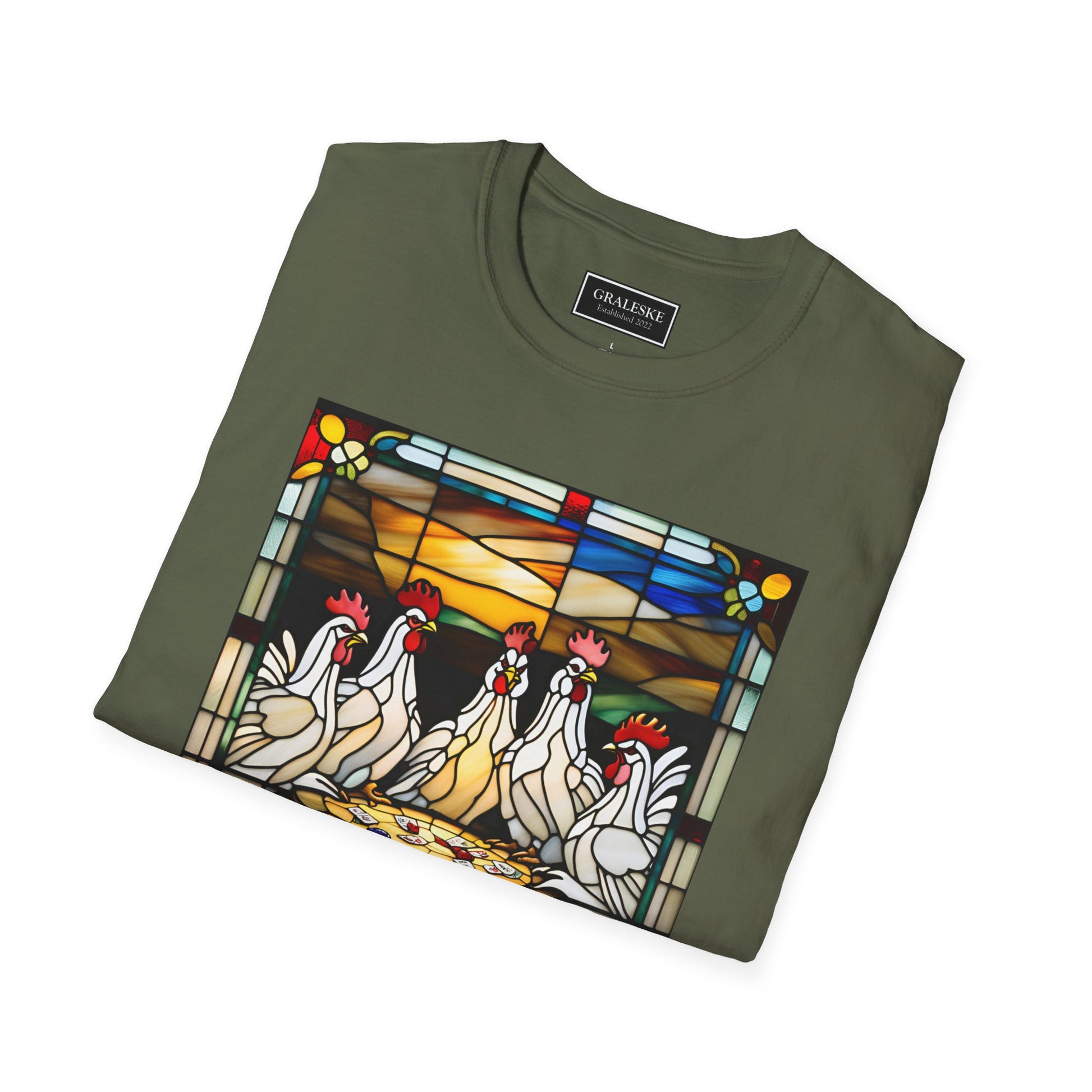 chickens playing cards stained glass - Unisex T-Shirt - Graleske